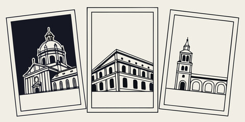 Three distinct buildings showcasing diverse architectural styles and designs. Vector