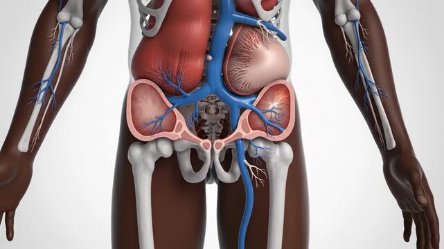 Close up of Human Pelvis showing Internal Organs and Vascular System with glowing focus on pubic bone area