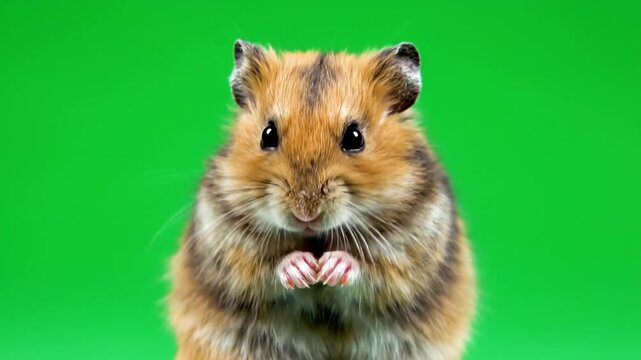 A cute brown and white dwarf hamster with black eyes and tiny paws looking directly at the camera against a vibrant green studio background.
