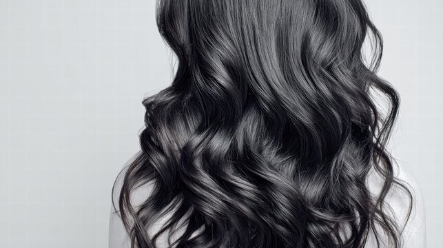 Woman's luxurious, flowing black hair against a soft, neutral background.