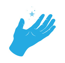 Obraz premium blue hand with sparkling star and magic dust particles floating above palm