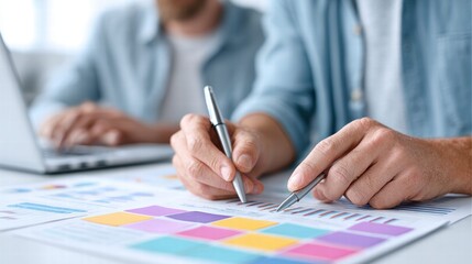 Business colleagues collaborating on a project, analyzing data together.