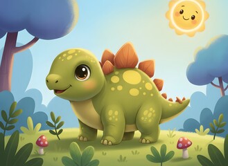 Naklejka premium Baby Stegosaurus Cartoon, Cute Dinosaur Illustration, Prehistoric Animal for Kids