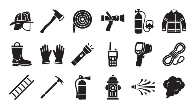 Essential firefighter and emergency service equipment icons featuring a helmet, axe, hose, extinguisher, and ladder, perfect for safety and rescue related publications