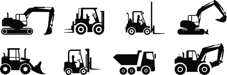 Collection of heavy machinery silhouettes including excavators, forklifts, dump trucks, and bulldozers for industrial construction equipment and building site icons. © Md