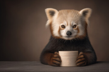 Obraz premium Red panda sitting and holding a jar of cream, against a dark background