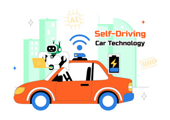 Fototapeta premium Self Driving Car Technology Vector Illustration Featuring Smart Autonomous Vehicle System And Digital Navigation In a Flat Style Background