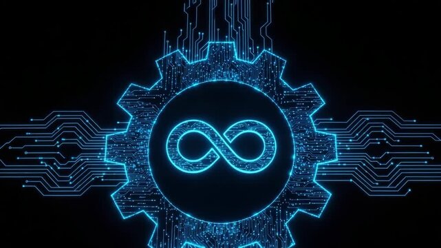 Glowing Digital Gear With Infinity Symbol Depicting Continuous Software Development In The Cyber Universe Set On Dark Background Code Automation Applicable To Technology It Design