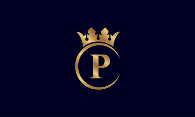 Luxury Golden Letter P Logo with Royal Crown and Circular Frame on Dark Background
