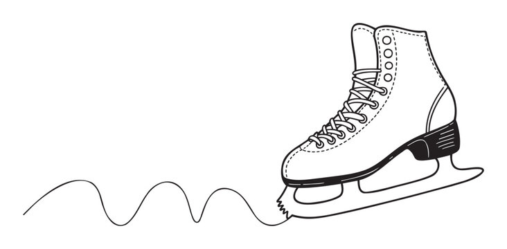 Stylized outline drawing of a figure ice skate leaving a winding trail on the ice, excellent for winter sports promotions, seasonal event invitations, or active lifestyle graphic projects.
