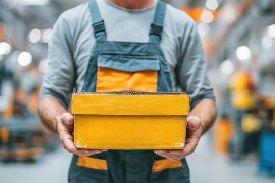Store employee presenting empty tool box mockup