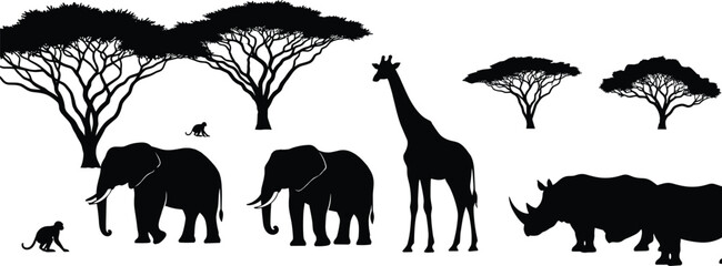 African safari animal silhouette vector collection, elephants giraffes rhinoceros monkeys and acacia trees, flavector wild nature landscape savanna scene set. © MDMEHEDI