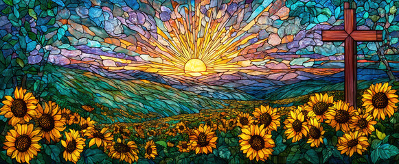 Stained Glass Cross and Sunflowers Landscape &ndash; AI Generative