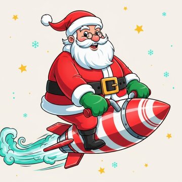 Santa Claus riding red and white rocket sled through starry night sky in cartoon style