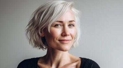 Portrait of a beautiful mature woman with short, stylish, silver hair