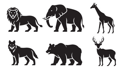Fototapeta premium Diverse set of striking black silhouette vector illustrations featuring wild animals: lion, elephant, giraffe, wolf, bear, and deer.