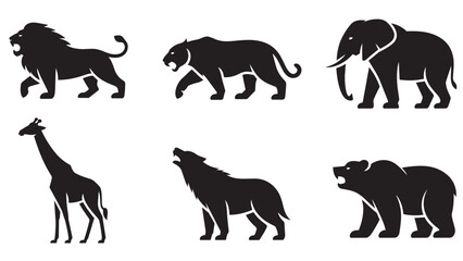 Fototapeta premium Dynamic collection of black silhouette vector illustrations of powerful wild animals in action: lion roaring, tiger prowling, elephant, giraffe, wolf howling, and bear.