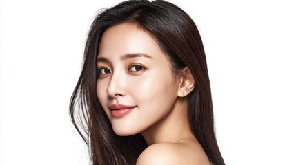 Fototapeta premium Beautiful Asian woman with long dark hair looking at the camera with a gentle smile