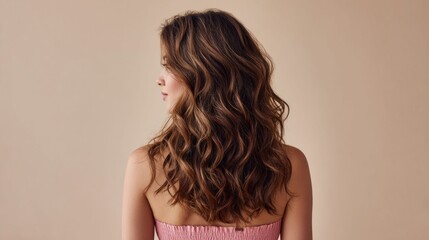 Fototapeta premium Woman with long wavy brown hair and pink top, profile view, neutral background