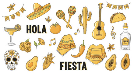 Fiesta Celebration with Mexican Icons: Hola and Fiesta Text, Sombrero, Maracas, Guitar © gita