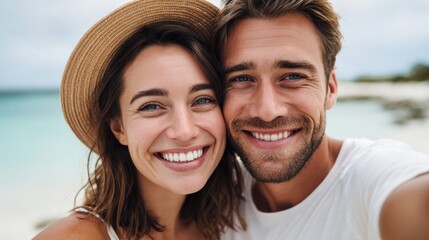 Obraz premium Happy couple taking a selfie on a sunny beach vacation