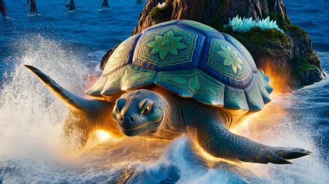 Illustration of Lord Vishnu s Kurma Avatar in the Ocean During Churning with Devas and Asuras, Sacred Turtle with Decorative Shell