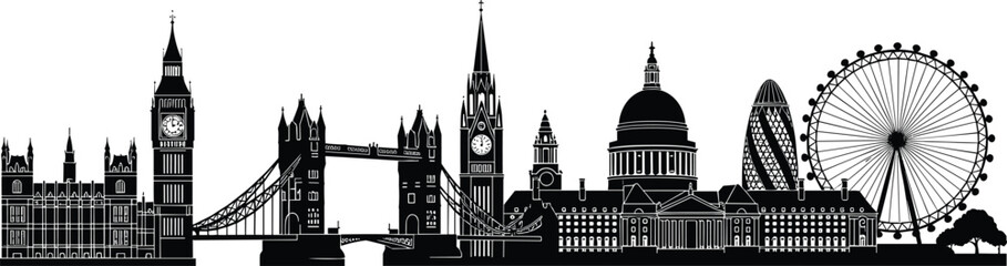 London skyline silhouette vector collection, famous landmarks including Big Ben Tower Bridge and London Eye, flavector historic United Kingdom city border. © MDMEHEDI