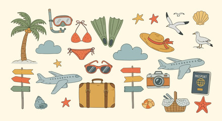 Doodle Vacation and Travel Elements Collection: Palm Tree, Suitcase, Airplane, and More © gita