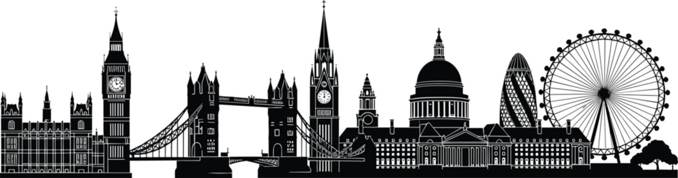 London skyline silhouette vector collection, famous landmarks including Big Ben Tower Bridge and London Eye, flavector historic United Kingdom city border.