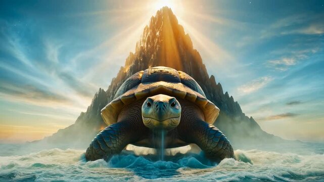 Majestic Turtle Emerging from Ocean with Mountain and Sunlight in the Background, Symbolizing Mythological and Spiritual Themes of Kurma Avatar