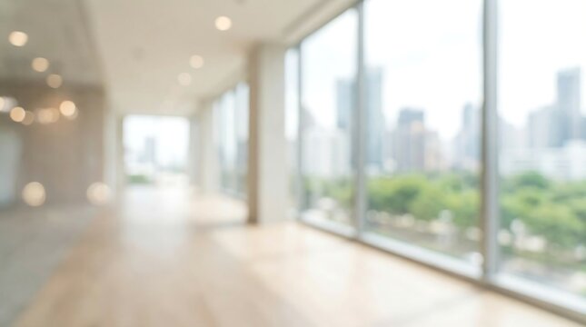A softly focused, bright interior view of an empty modern office hallway or corridor with large windows offering a blurred city skyline background.