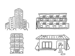 建物のイラストセット（アパート、ビル、平屋、マンション、）、線画