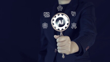 Business professional holding magnifying glass with AI gear icon, representing artificial intelligence analysis, automation systems, data technology, machine learning innovation, 