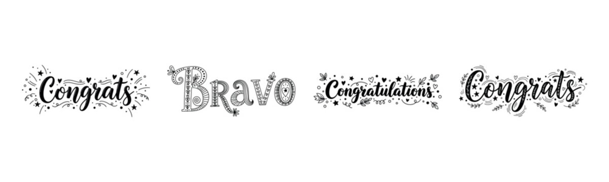 Decorative congrats and bravo lettering designs with floral patterns
