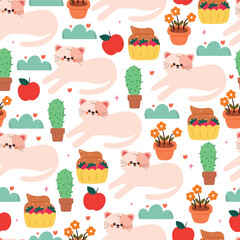Obraz premium cute seamless pattern hand drawn cartoon cat with plant and dessert. cute animal pattern background