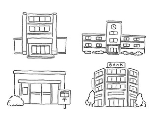 建物のイラストセット（役所、郵便局、学校、銀行）、線画、