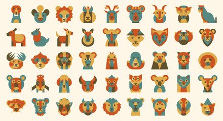 Fototapeta premium Set of stylized animal faces icons in a flat design style, showcasing a diverse collection of cute and friendly animal characters, perfect for various digital and print projects