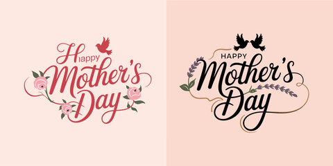 Obraz premium Two Happy Mothers Day Greeting Card with Floral and Bird roses birds