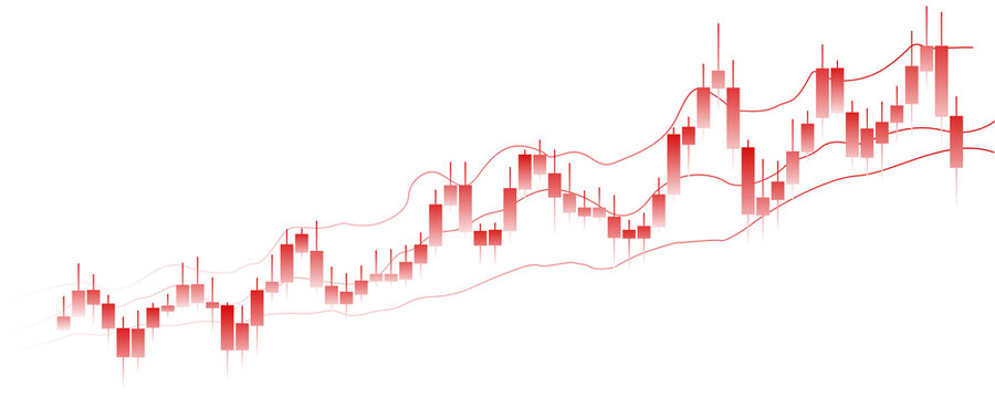 Red and white bullish candlestick stock market chart with volatility bands and upward price movement isolated on transparent background