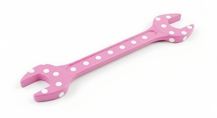 Pink wrench with white polka dots isolated on white background