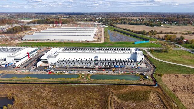 Aerial view of a massive data centers construction site oin Ohio.