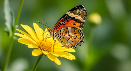 Obraz premium Vibrant butterfly perched on a bright yellow flower in a lush green meadow.