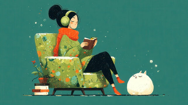 A relaxed scene shows a woman reading in an armchair with her cat nearby, emphasizing quiet moments and promoting the idea of a cozy, comforting retreat