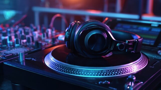 The Headphones on a Turntable in a Neon Lit DJ Studio Club Night