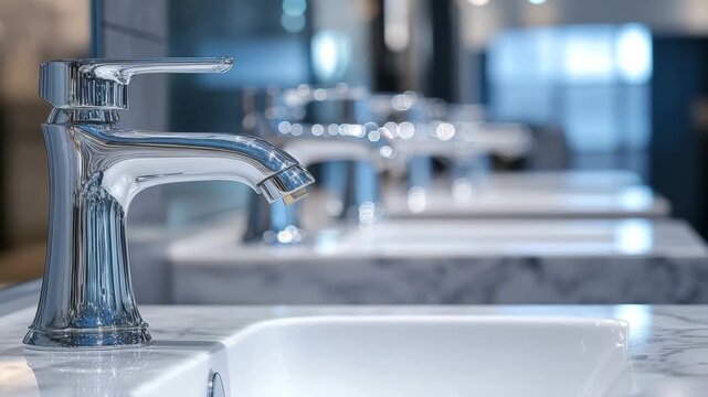 Shiny chrome faucets standing in a row on white ceramic sinks with marble countertops