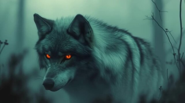 Dangerous wild wolf with fiery glowing eyes turning its head in a misty and dark forest at night