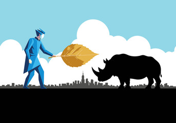 A man offers a golden leaf to a rhino silhouette against a city backdrop. Illustrative, modern design conveying peace and balance. Suitable for business and lifestyle themes. © Vector Holiday