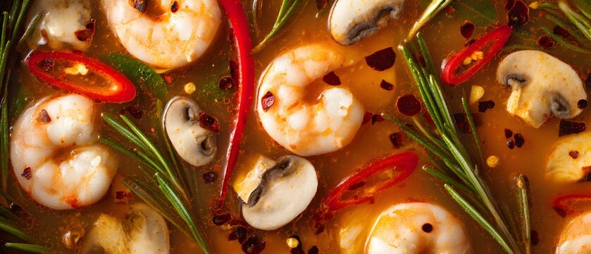 A flavorful and spicy soup with shrimp, mushrooms, chili peppers, and fresh herbs simmering in broth