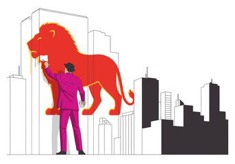 A stylish man in a suit paints a giant lion mural on a skyscraper in African Lion City. Bold, vibrant art against a modern cityscape. © Vector Holiday