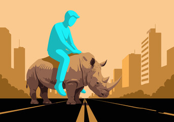 A stylized illustration depicts a man riding a rhino through an urban jungle, promoting rhino conservation. Bold design, vibrant colors, and clear composition for commercial use. © Vector Holiday